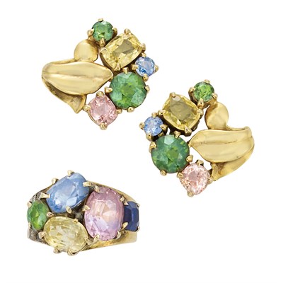 Lot 227 - Pair of Gold and Multicolored Sapphire Earrings and Ring
