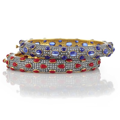 Lot 352 - Pair of Gold, Blackened Sterling Silver, Cabochon Sapphire, Oxblood Coral and Diamond Bangle Bracelets