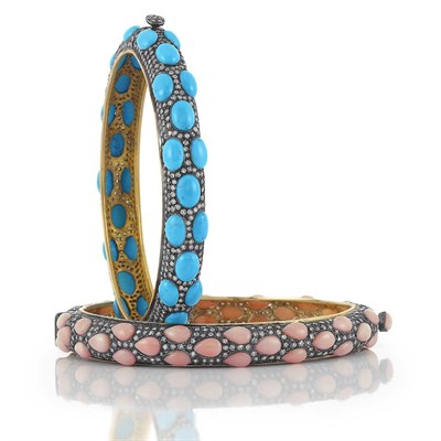 Lot 355 - Pair of Gold, Blackened Sterling Silver, Turquoise, Angle Skin Coral and Diamond Bangle Bracelets