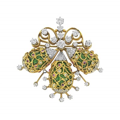 Lot 131 - Gold, Platinum, Diamond, Cabochon Ruby and Green Enamel Brooch