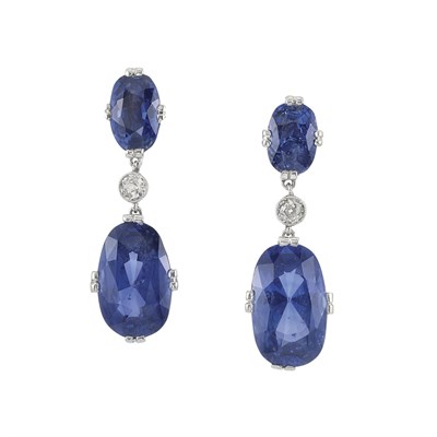 Lot 517 - Pair of Platinum, Sapphire and Diamond Pendant-Earclips