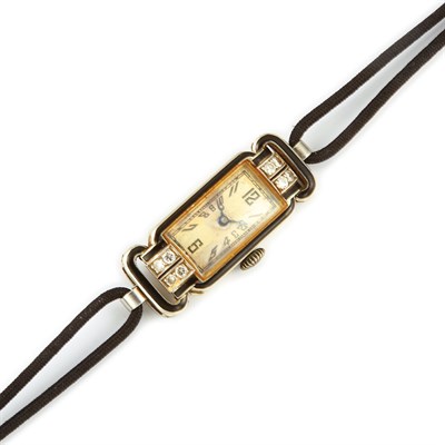 Lot 34 - Lady's Art Deco White Gold, Black Enamel and Diamond Wristwatch