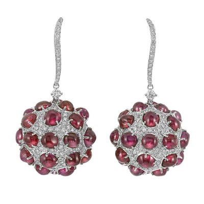 Lot 380 - Pair of White Gold, Cabochon Ruby and Diamond Pendant-Earrings