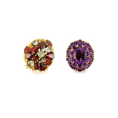 Lot 822 - Gold, Pink Tourmaline, Aquamarine & Garnet Dome Ring and Amethyst Cluster Ring