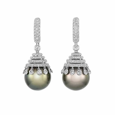 Lot 357 - Pair of White Gold, Dark Gray Cultured Pearl and Diamond Pendant-Earrings