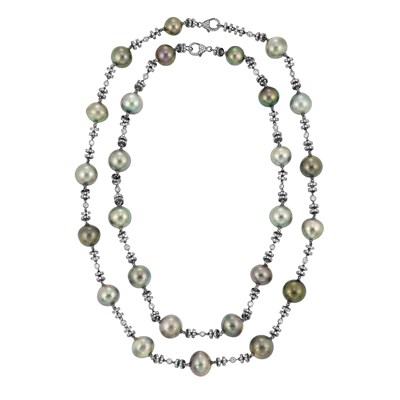 Lot 356 - Pair of Blackened White Gold, White Gold, Gray and Black Cultured Pearl and Diamond Chain Necklaces
