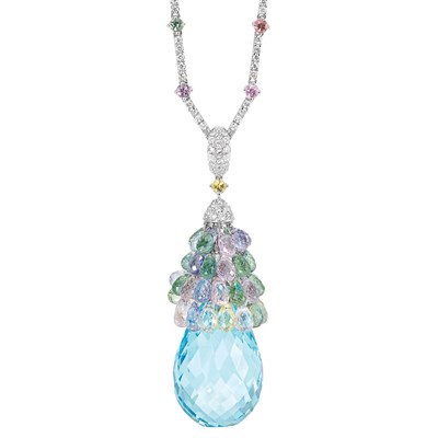 Lot 170 - White Gold, Diamond, Multicolored Sapphire and Aquamarine Briolette Pendant-Necklace
