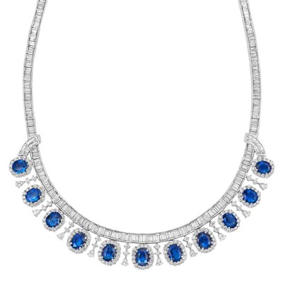 Lot 485 - White Gold, Sapphire and Diamond Fringe Necklace