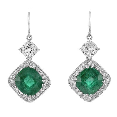 Lot 409 - Pair of White Gold, Diamond and Emerald Pendant-Earrings