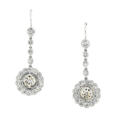 Lot 385 - Pair of Platinum and Diamond Pendant-Earrings