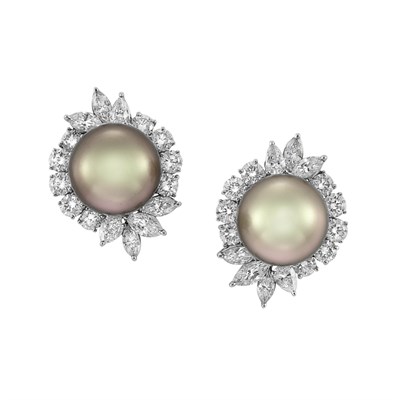 Lot 368 - Pair of Platinum, Natural Color Yellowish-Brown Cultured Pearl and Diamond Earclips