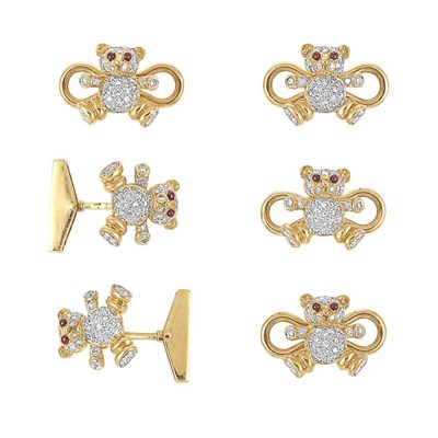 Lot 157 - Two-Color Gold, Diamond and Cabochon Ruby Teddy Bear Dress Set