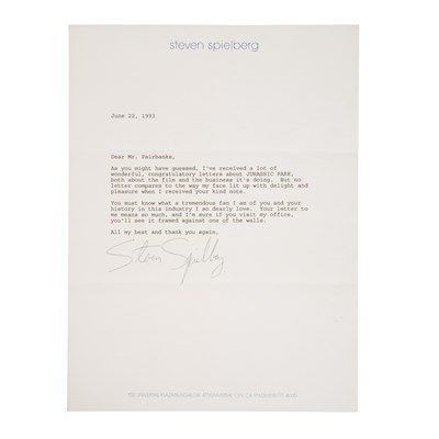 Lot 308 - SPIELBERG, STEVEN Typed letter signed to...
