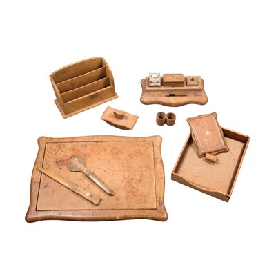 Lot 109 - English Embossed Leather Ten-Piece Desk Set...