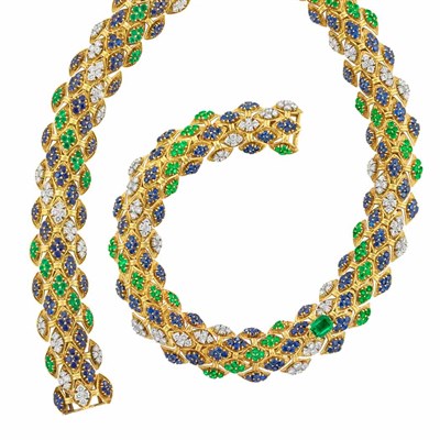 Lot 568 - Gold, Emerald, Sapphire and Diamond Necklace and Bracelet