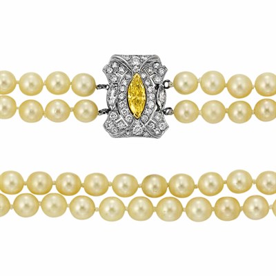 Lot 242 - Double Strand Cultured Pearl Necklace with Platinum, Fancy Colored Diamond and Diamond Clasp