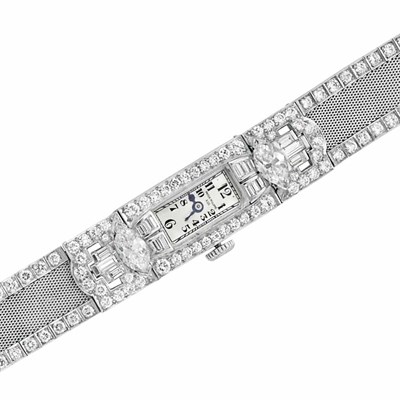 Lot 536 - Art Deco Platinum and Diamond Mesh Wristwatch, Patek Philippe & Co.