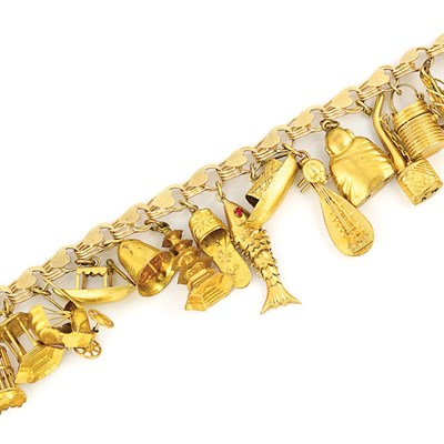 Lot 844 - Gold Charm Bracelet and Four Loose Charms