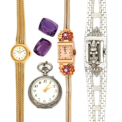 Lot 869 - Three Gold Wristwatches, Metal Pendant-Watch and Two Loose Amethysts