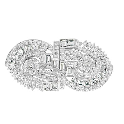 Lot 543 - Art Deco Platinum and Diamond Double-Clip Brooch