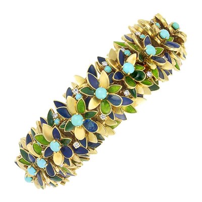 Lot 340 - Gold, Blue and Green Enamel, Turquoise and Diamond Bracelet-Watch, Bailey, Banks & Biddle