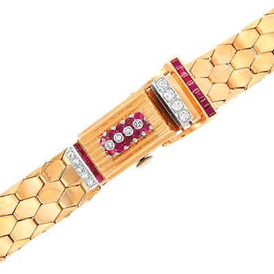 Lot 91 - Lady's Rose Gold, Ruby and Diamond Bracelet-Watch
