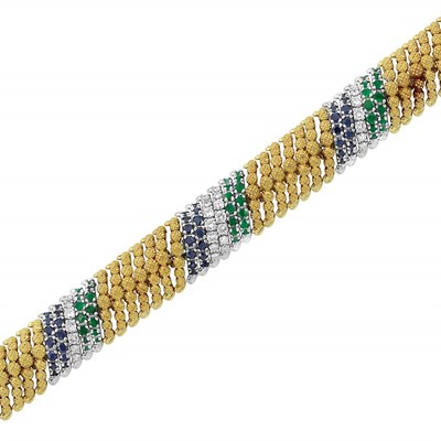 Lot 105 - Two-Color Gold, Diamond, Sapphire and Emerald Bombe Bracelet