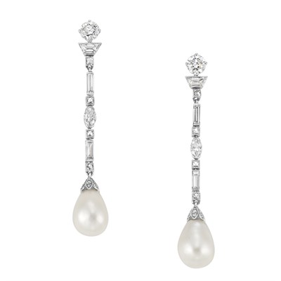 Lot 537 - Pair of Art Deco Platinum, Diamond and Natural Pearl Pendant-Earrings