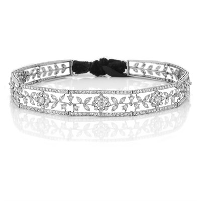 Lot 498 - Belle Epoque Platinum, Diamond and Black Velvet Choker Necklace