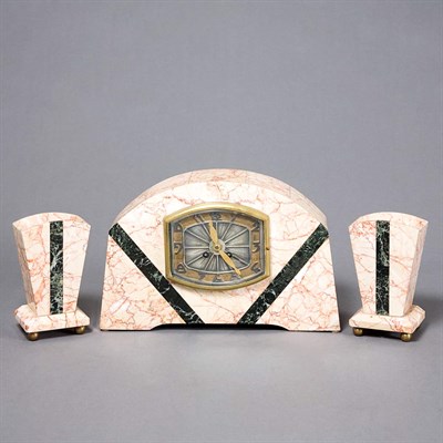 Lot 368 - Art Deco Style Rose Marble Three-Piece Clock...