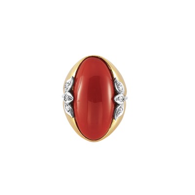 Lot 187 - Gold, Oxblood Coral and Diamond Ring