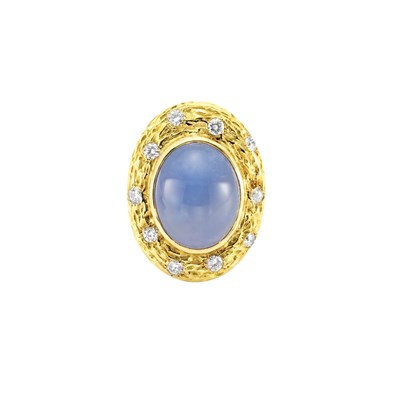 Lot 143 - Gold, Cabochon Blue Chalcedony and Diamond Ring