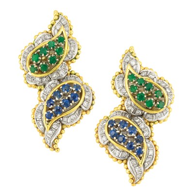 Lot 445 - Pair of Two-Color Gold, Emerald, Sapphire and Diamond Earclips