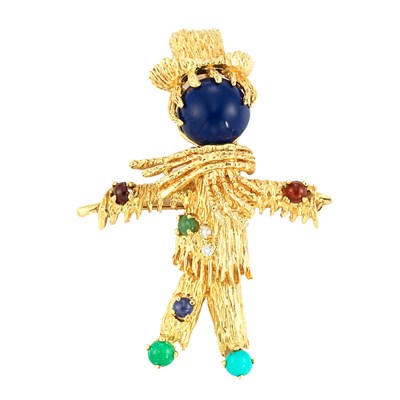 Lot 39 - Gold, Lapis, Turquoise, Gem-Set and Diamond Scarecrow Pin
