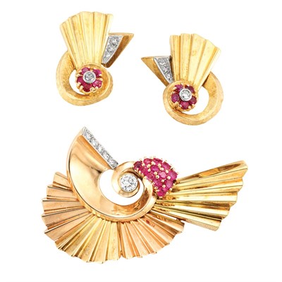 Lot 219 - Two-Color Gold, Diamond and Ruby Fan Brooch and Pair of Earclips