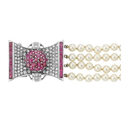 Lot 251 - Four Strand Cultured Pearl, White Gold, Ruby and Diamond Bracelet