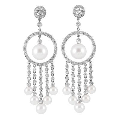 Lot 174 - Pair of White Gold, Freshwater Pearl and Diamond Fringe Earrings