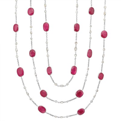 Lot 397 - Long White Gold, Ruby and Diamond Chain Necklace