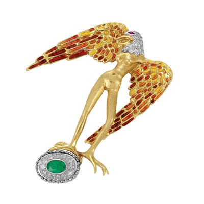 Lot 20 - Gold, Enamel, Diamond and Emerald Eagle Clip-Brooch