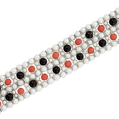 Lot 530 - Art Deco Seed Pearl, Coral and Black Onyx Bead and Diamond Mesh Bracelet