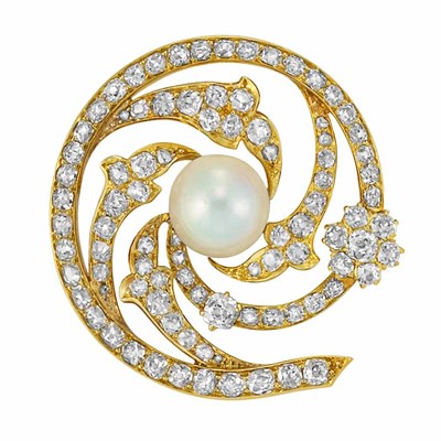 Lot 291 - Antique Gold, Cultured Pearl and Diamond Pendant-Brooch