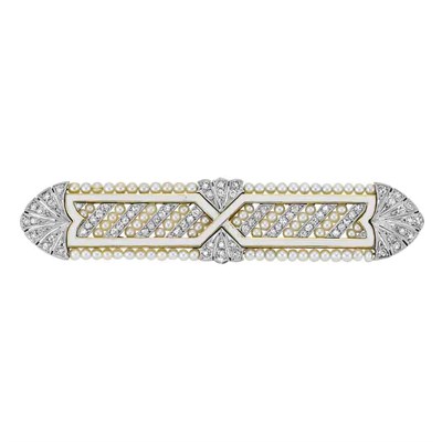 Lot 539 - Edwardian Platinum, Gold, Seed Pearl, Diamond and White Enamel Bar Pin