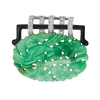 Lot 533 - Art Deco Carved Jade, Diamond and Black Enamel Clip