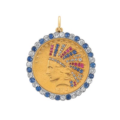 Lot 235 - Gold, Platinum, Diamond and Gem-Set Indian Head Gold Coin Pendant