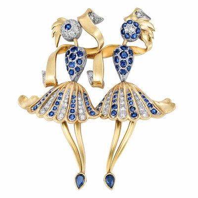 Lot 451 - Gold, Platinum, Diamond and Sapphire Double Clip-Brooch