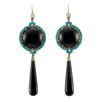 Lot 289 - Pair of Antique Gold, Black Onyx, Turquoise and Diamond Pendant-Earrings