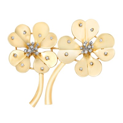 Lot 457 - Gold and Diamond Flower Double Clip-Brooch, Trabert & Hoeffer, Mauboussin
