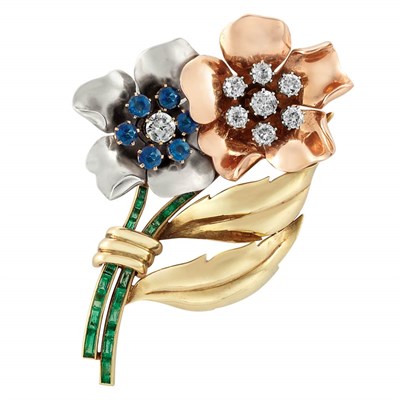Lot 87 - Tricolor Gold, Diamond, Sapphire and Emerald Flower Clip-Brooch