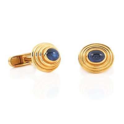 Lot 53 - Pair of Gold and Cabochon Sapphire Cufflinks