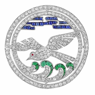 Lot 204 - Platinum, Diamond, Cabochon Simulated Emerald and Sapphire Swallow Circle Brooch